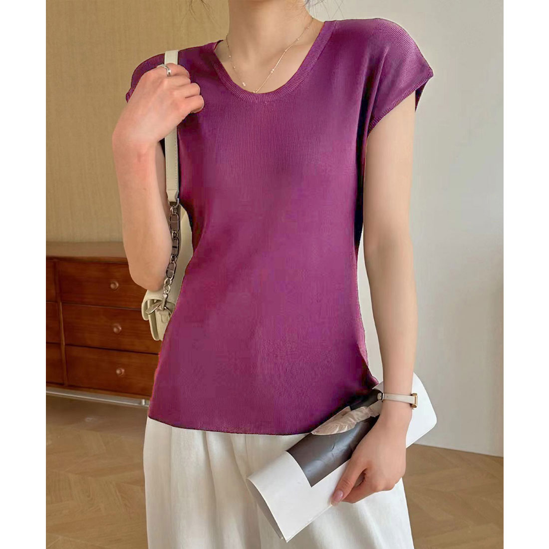 ニットTシャツ レディース 韓国風 夏服 パープル