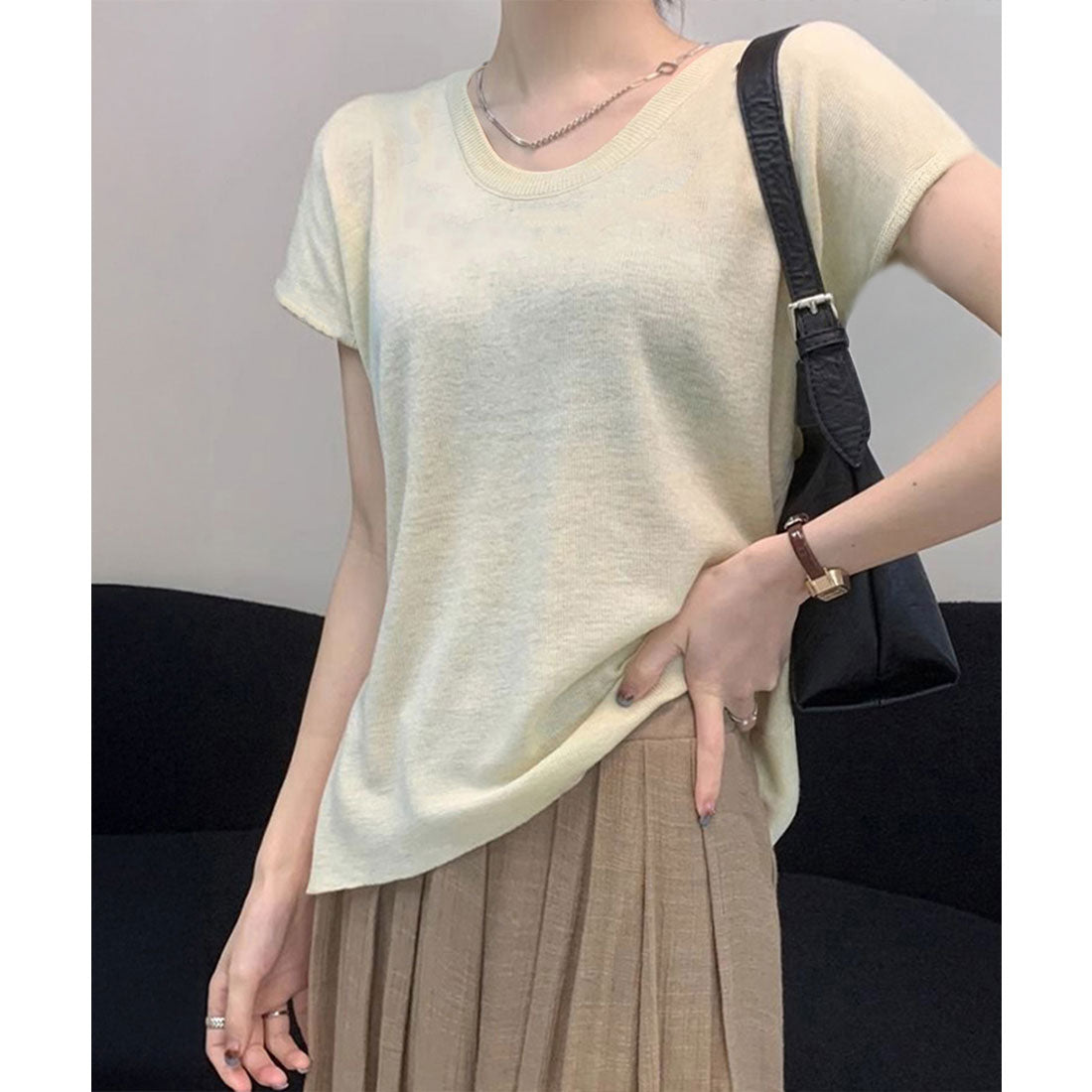 ニットTシャツ レディース 韓国風 夏服 アイボリー