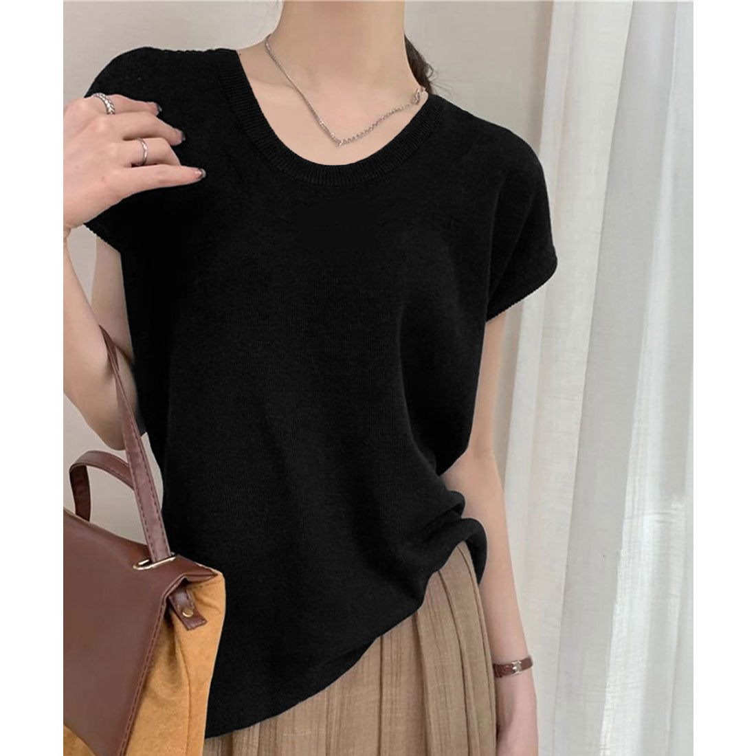 ニットTシャツ レディース 韓国風 夏服 ブラック