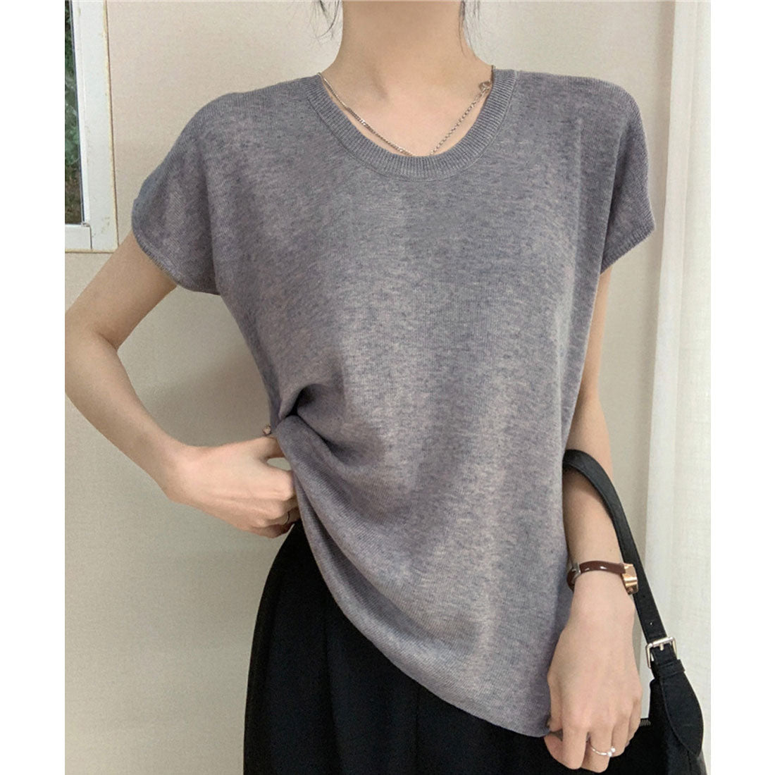 ニットTシャツ レディース 韓国風 夏服 グレー