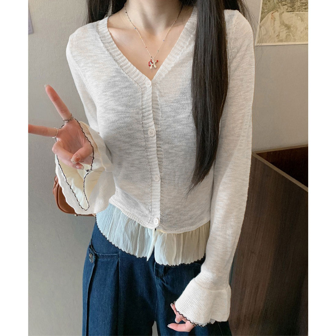 ミニミニストア miniministore ニットカーディガンフリル裾ニットトップス （ライトブルー） ライトブルー