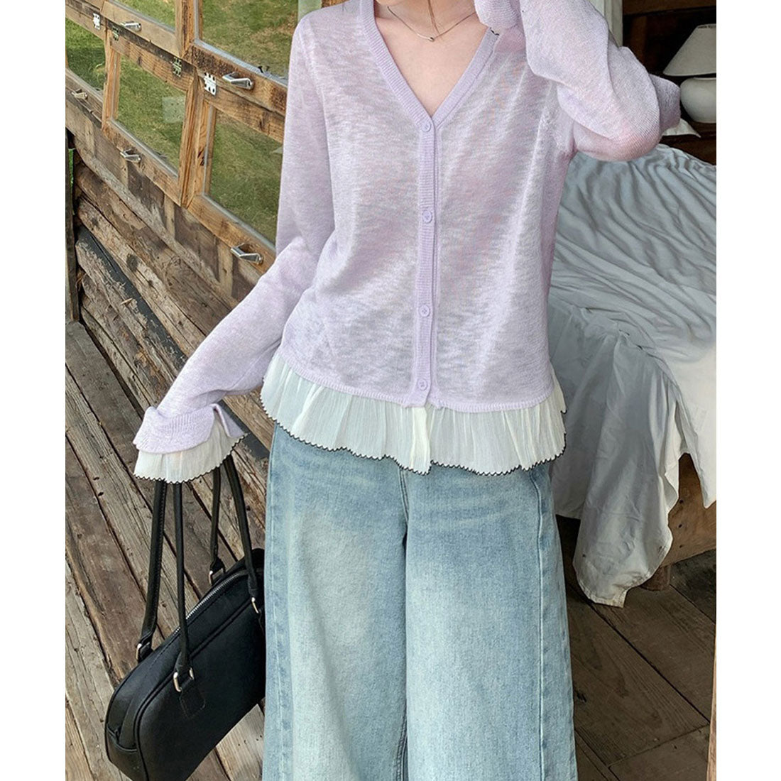 ミニミニストア miniministore ニットカーディガンフリル裾ニットトップス （ラベンダー） ラベンダー