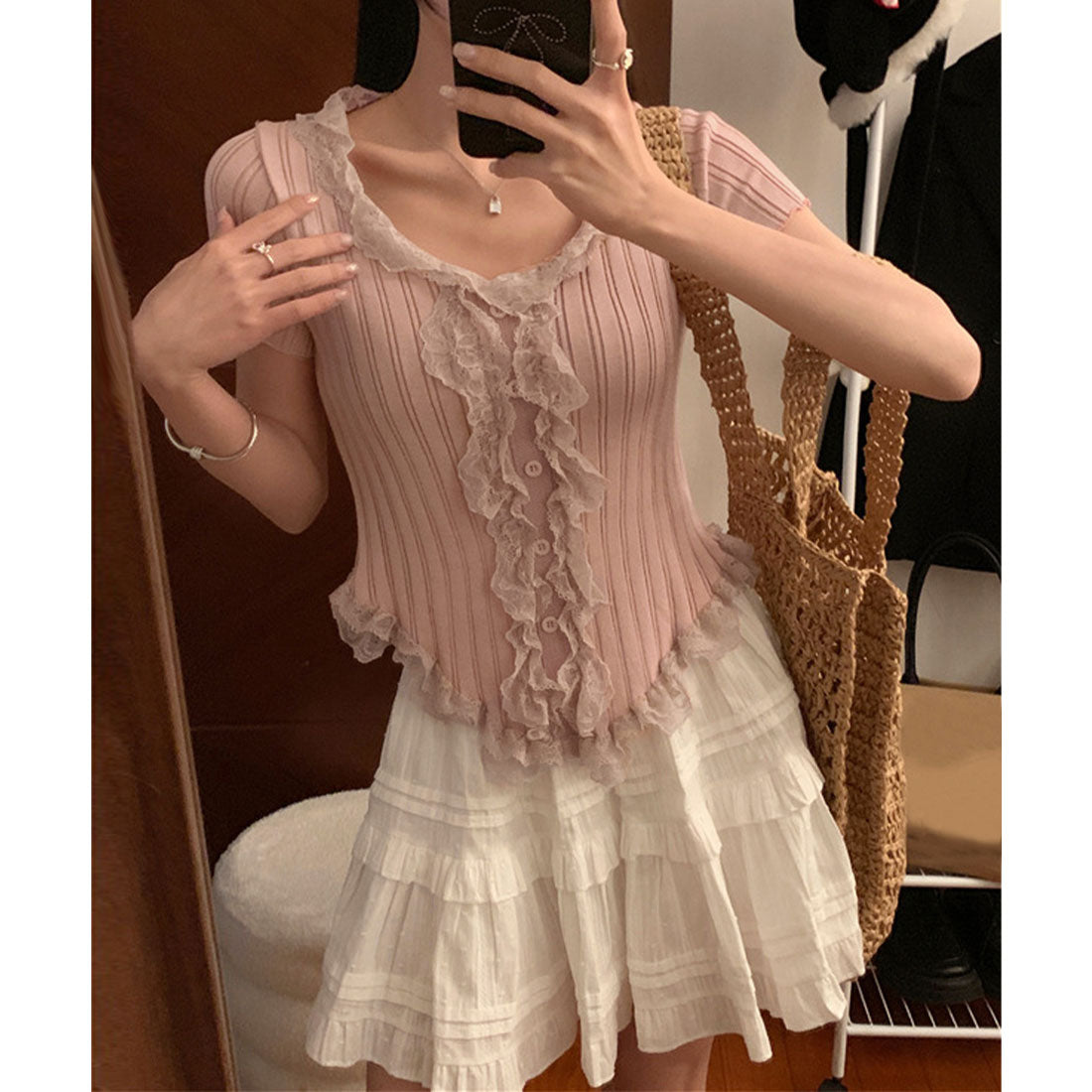 レースフリルニットトップスショート丈夏服 スモークピンク