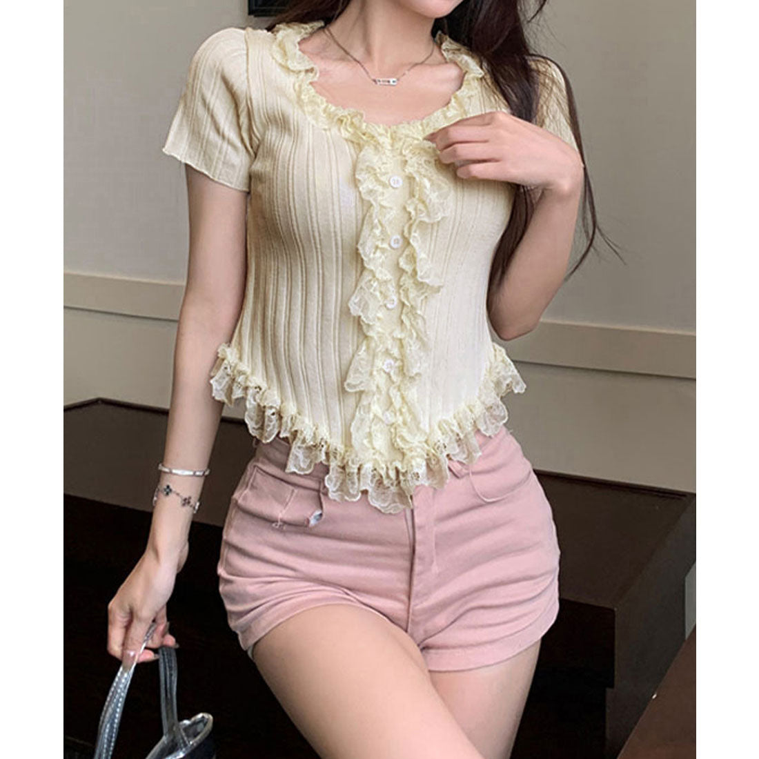 レースフリルニットトップスショート丈夏服 スモークピンク
