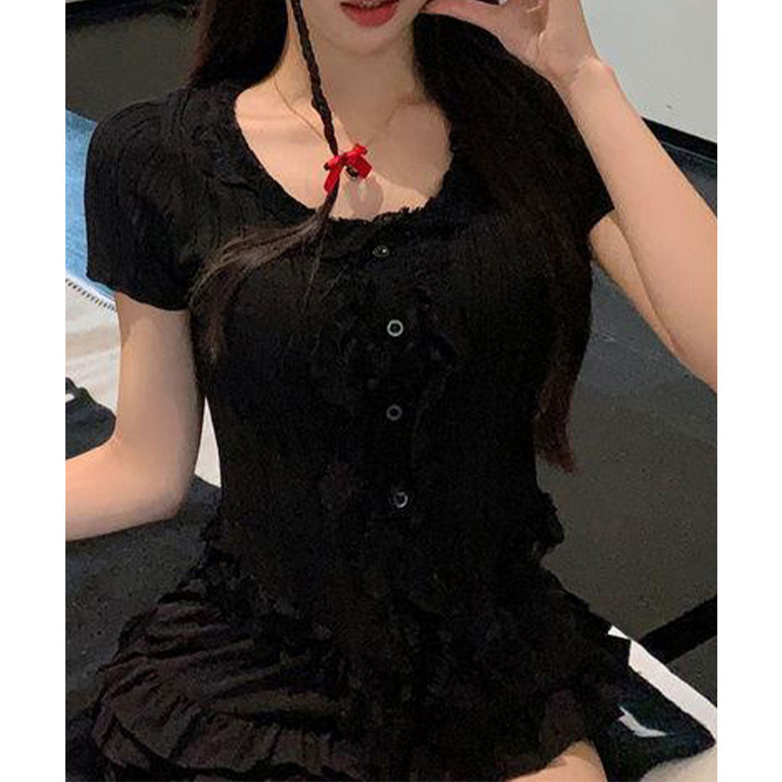 レースフリルニットトップスショート丈夏服 スモークピンク