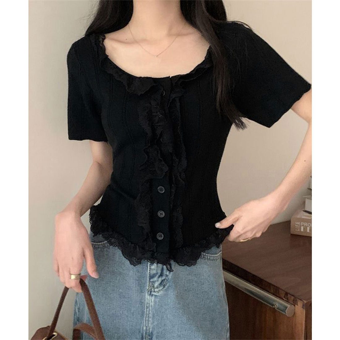 レースフリルニットトップスショート丈夏服 スモークピンク