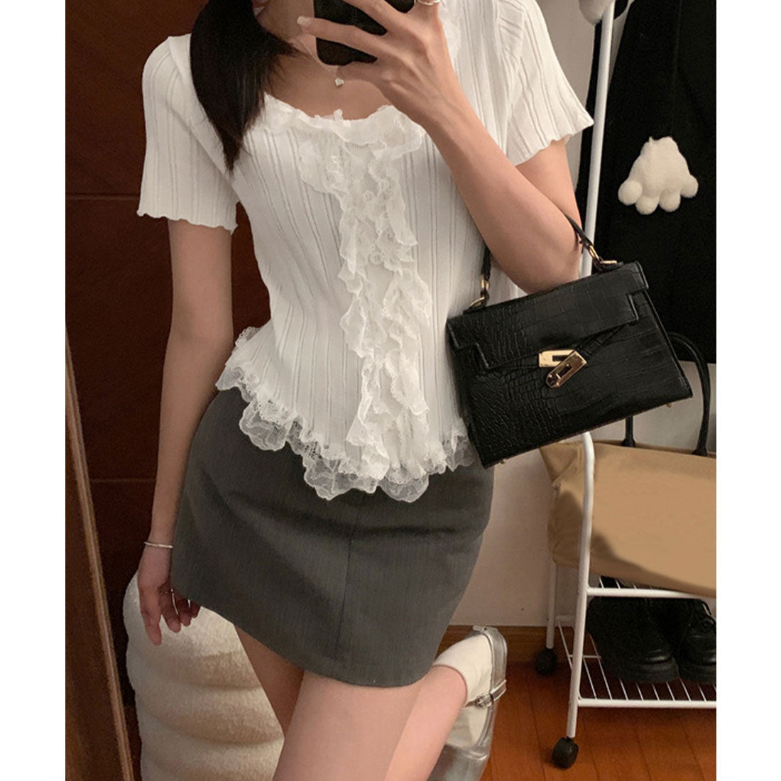 レースフリルニットトップスショート丈夏服 スモークピンク