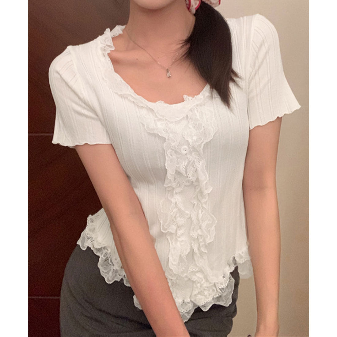 レースフリルニットトップスショート丈夏服 スモークピンク