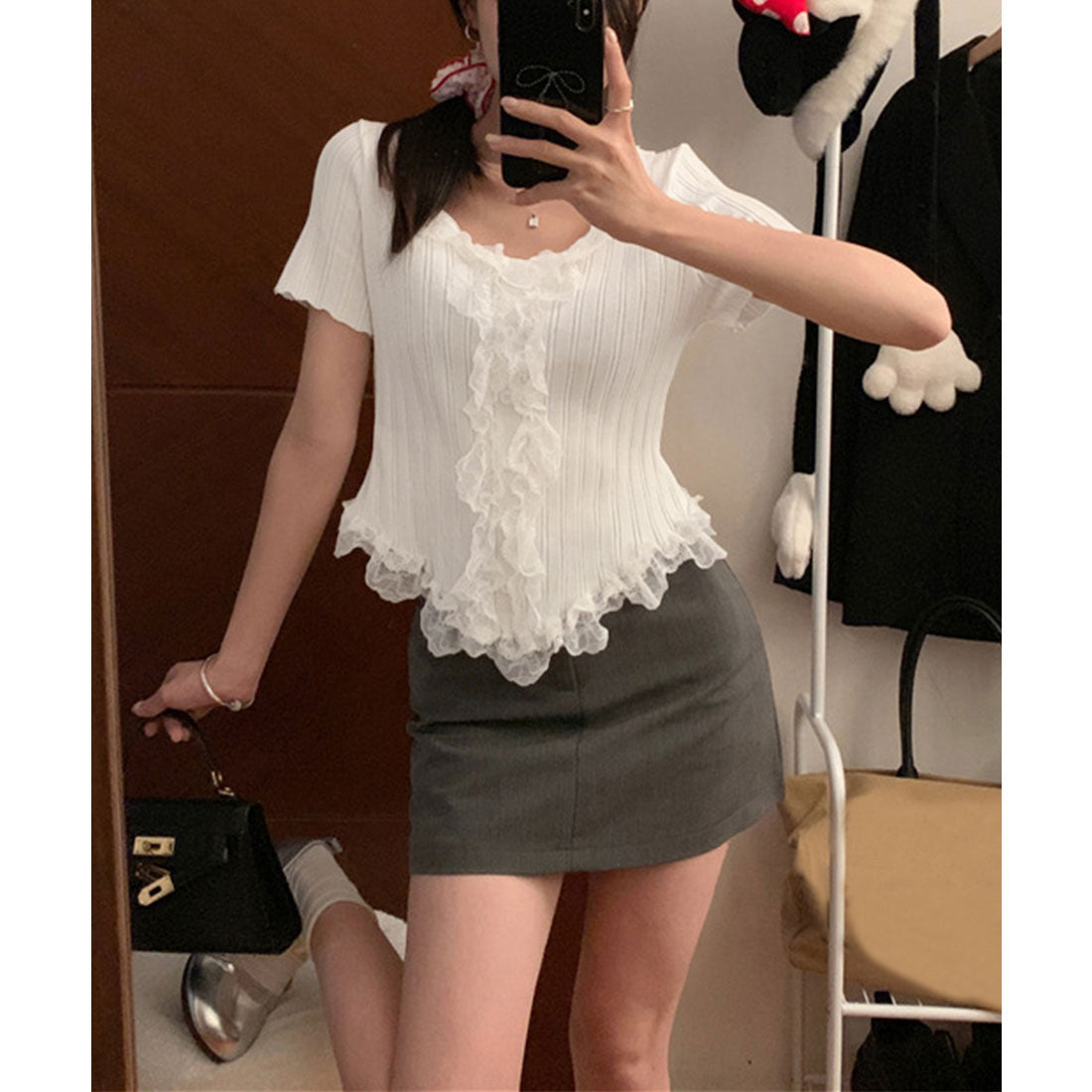 レースフリルニットトップスショート丈夏服 スモークピンク