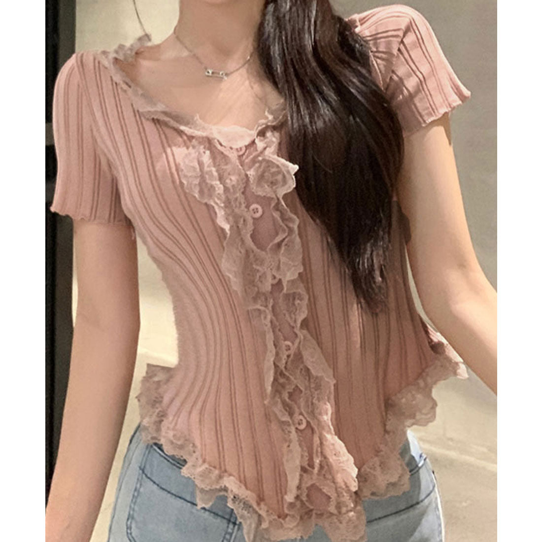 レースフリルニットトップスショート丈夏服 スモークピンク
