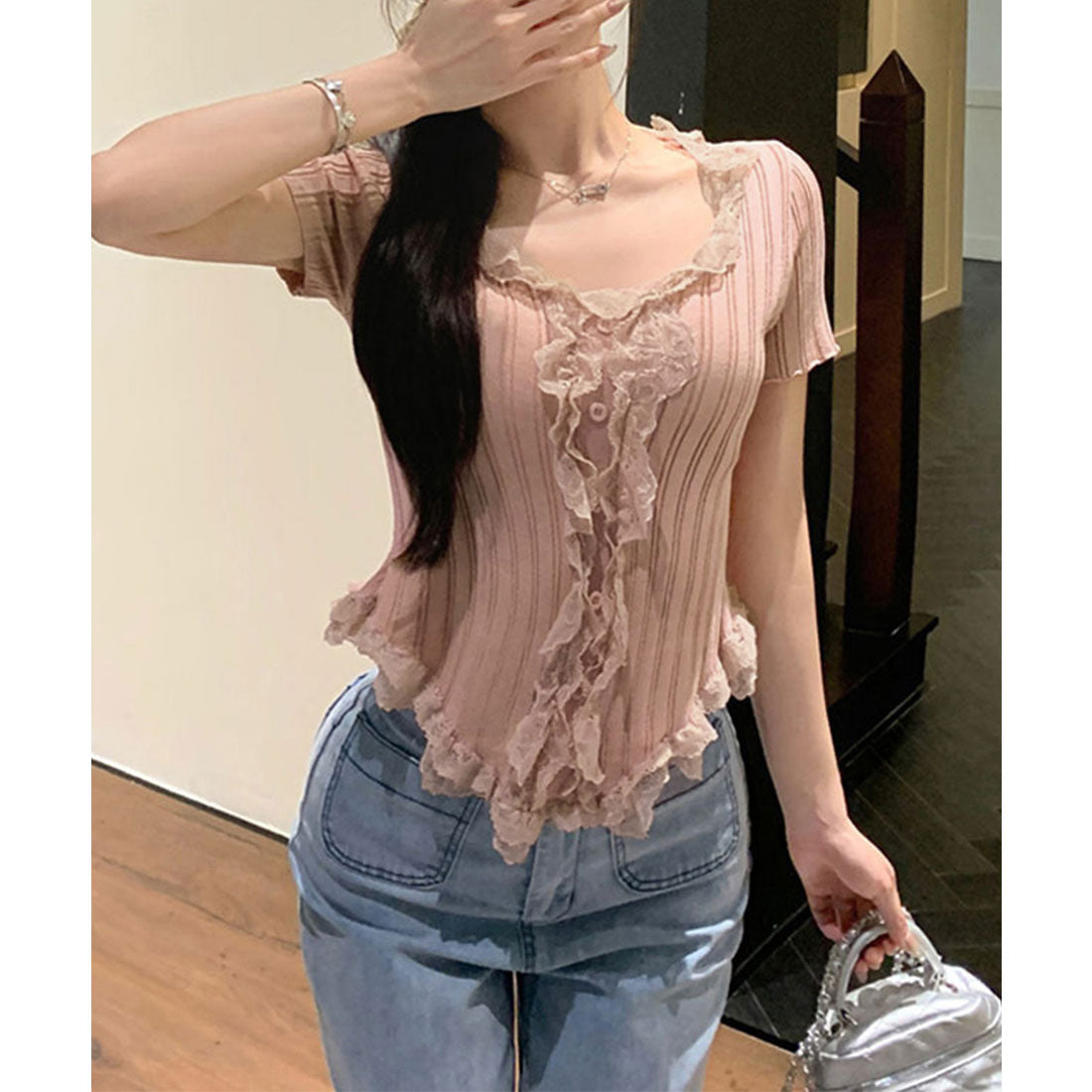 レースフリルニットトップスショート丈夏服 スモークピンク