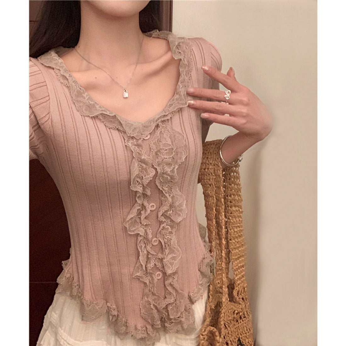 レースフリルニットトップスショート丈夏服 スモークピンク