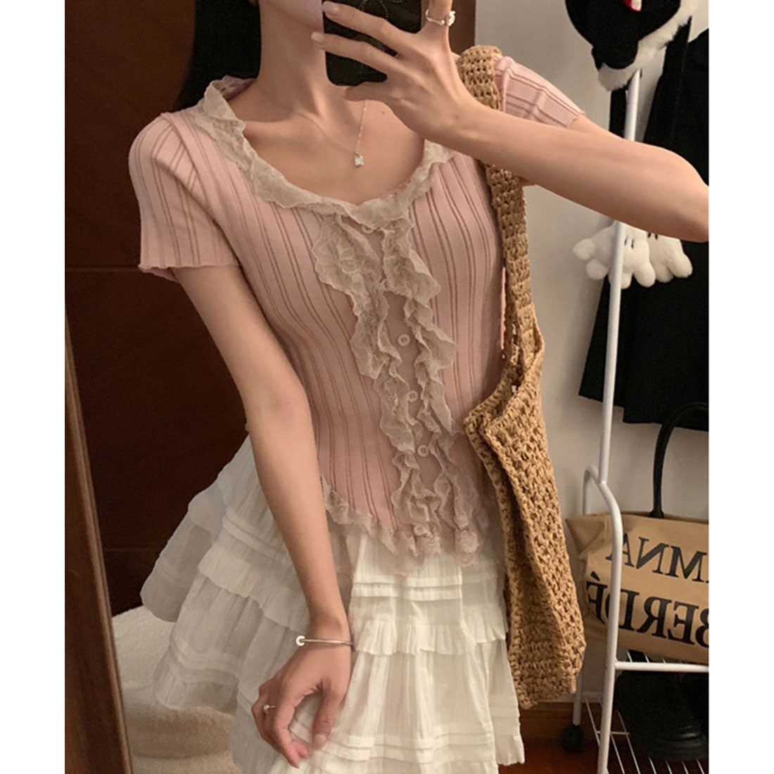 レースフリルニットトップスショート丈夏服 スモークピンク