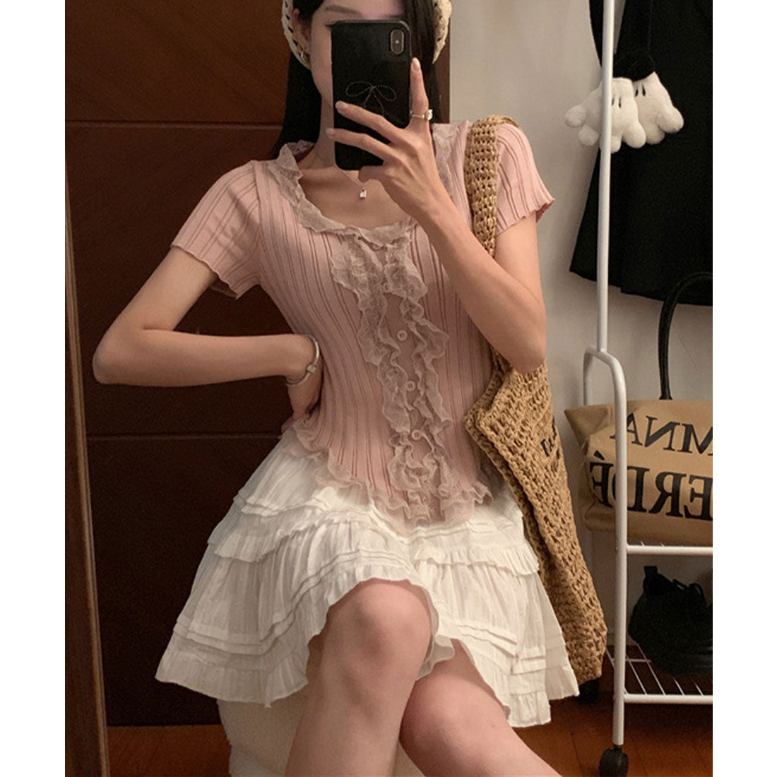 レースフリルニットトップスショート丈夏服 スモークピンク