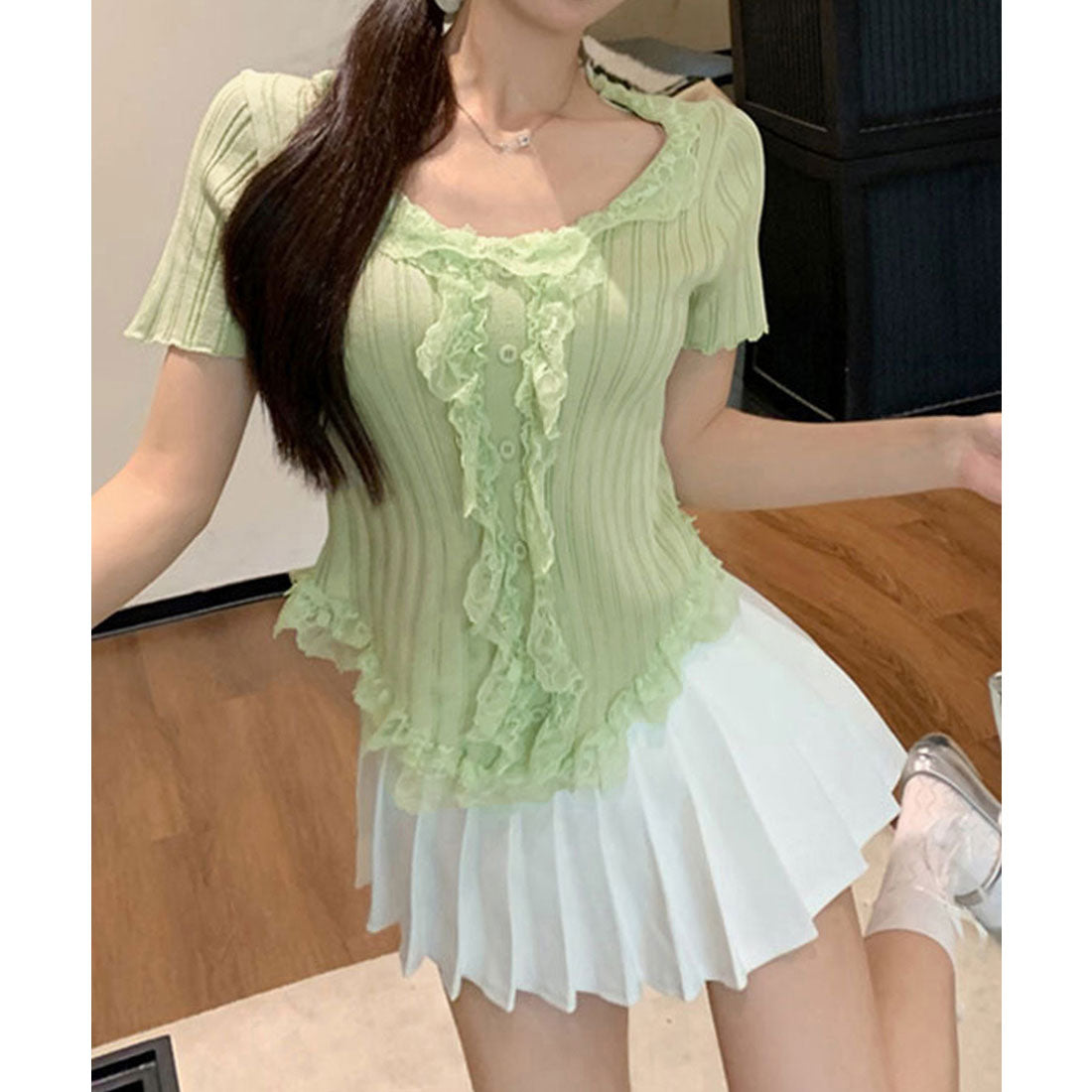 レースフリルニットトップスショート丈夏服 スモークピンク