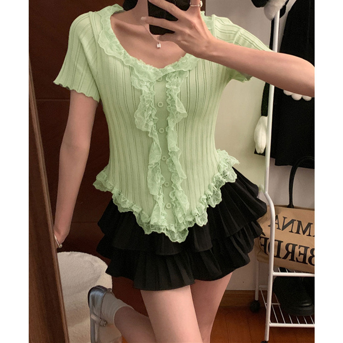 レースフリルニットトップスショート丈夏服 スモークピンク