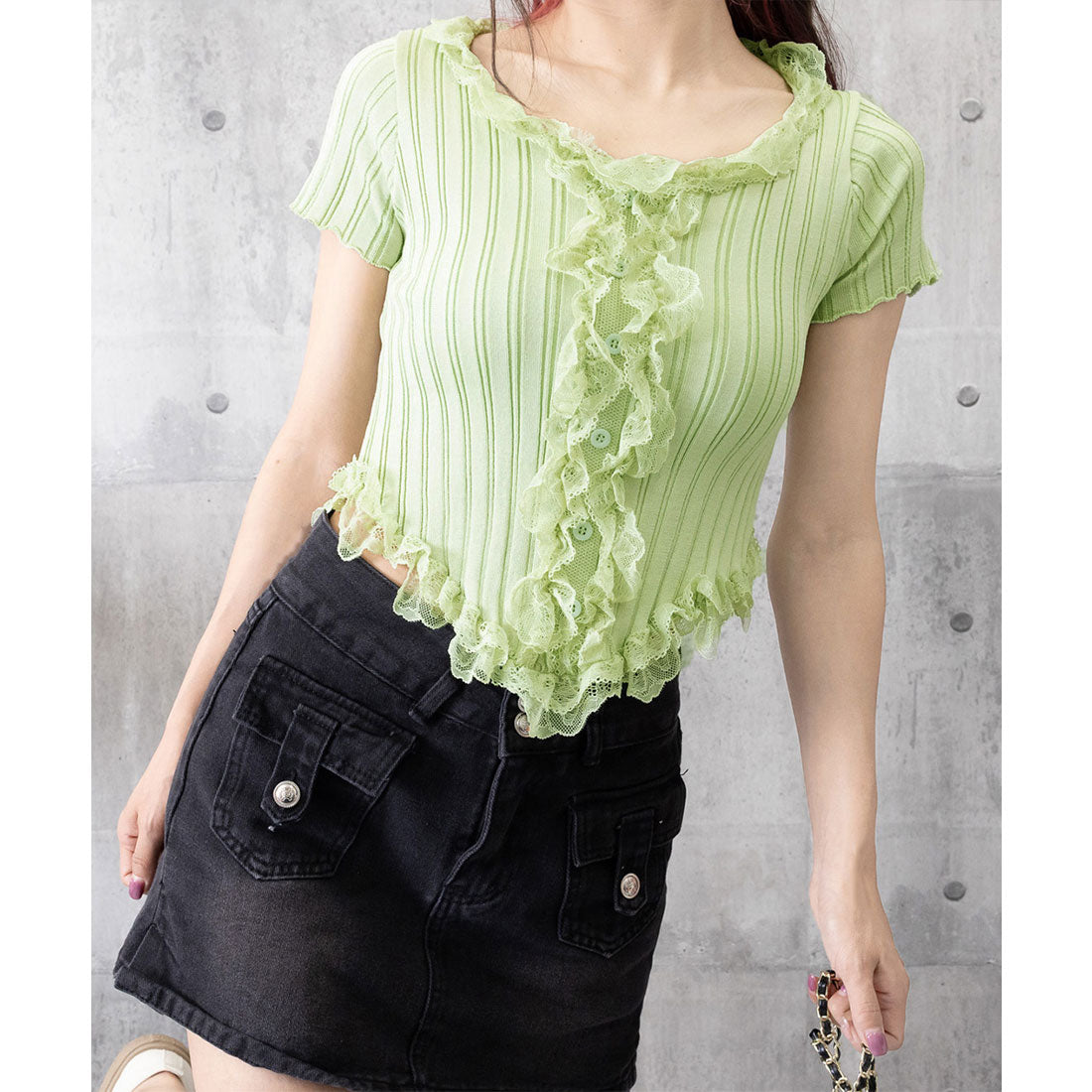 レースフリルニットトップスショート丈夏服 スモークピンク