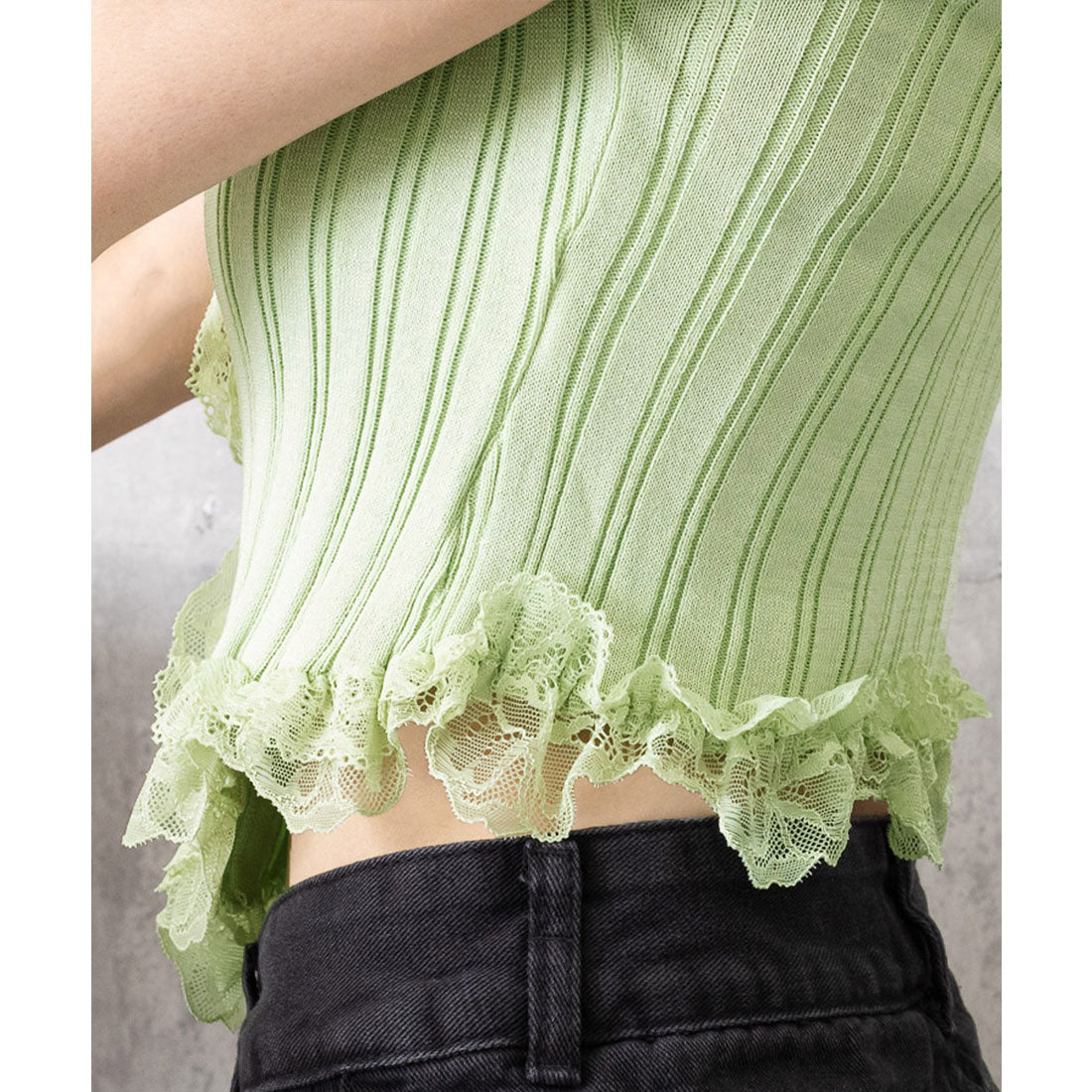 レースフリルニットトップスショート丈夏服 スモークピンク