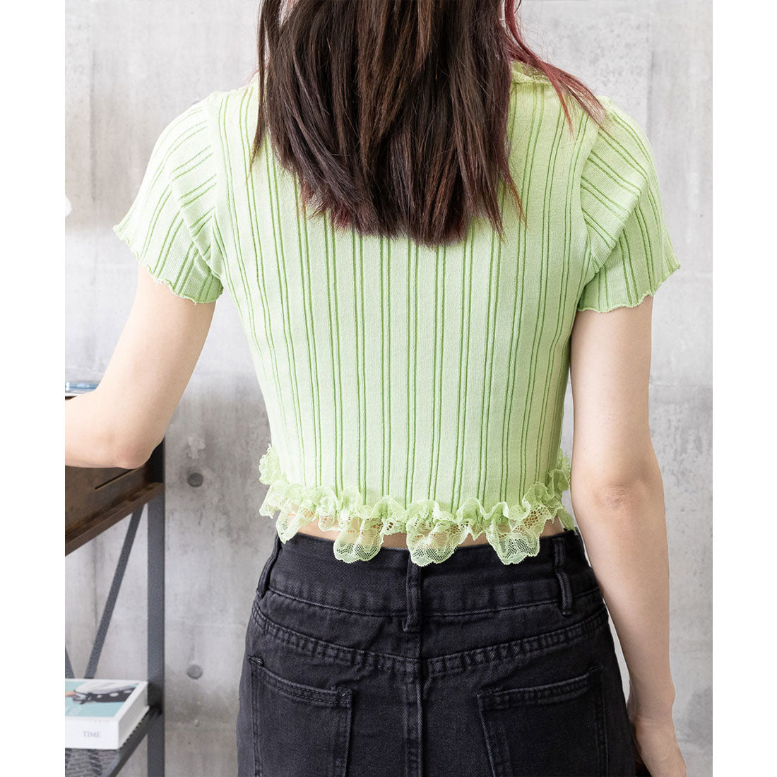 レースフリルニットトップスショート丈夏服 スモークピンク