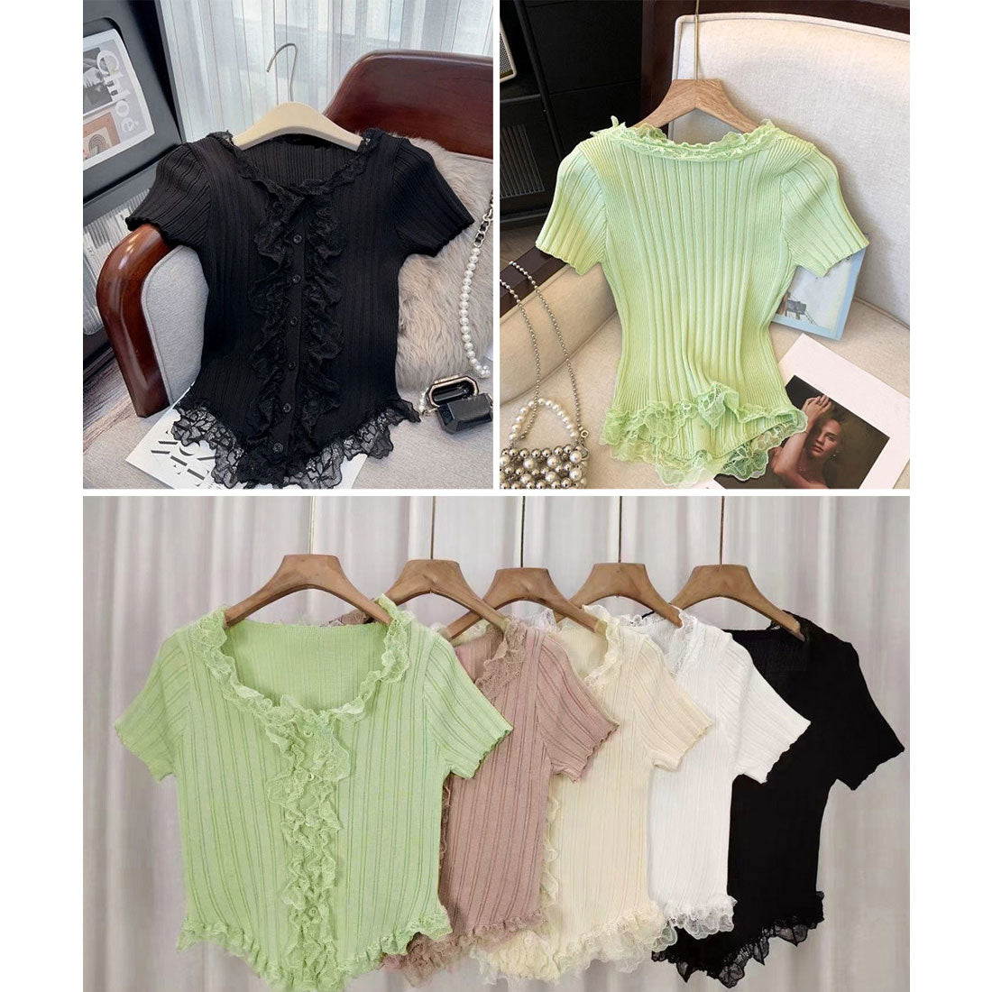 レースフリルニットトップスショート丈夏服 スモークピンク