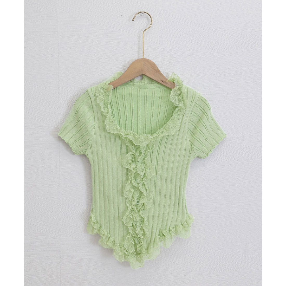 レースフリルニットトップスショート丈夏服 スモークピンク