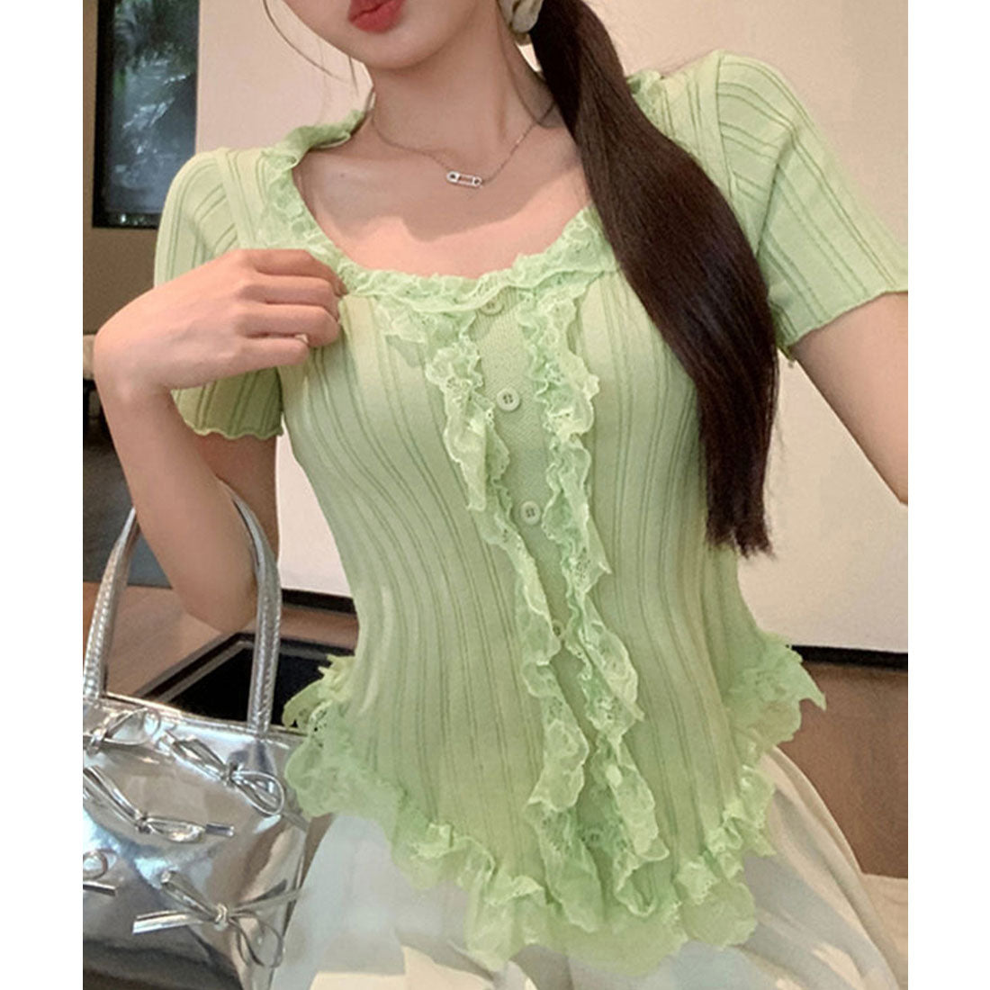 レースフリルニットトップスショート丈夏服 ミント