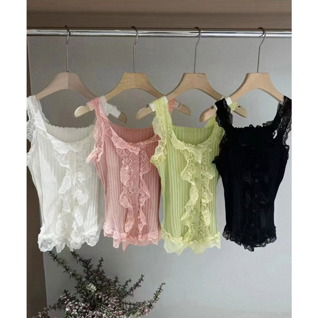 ミニミニストア miniministore レースフリル ニットタンクトップ 韓国風 （ホワイト） ホワイト