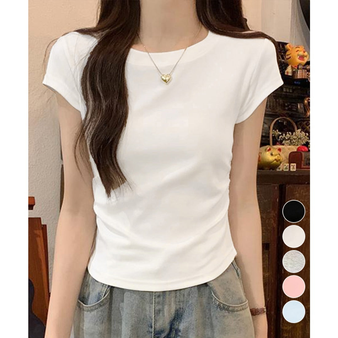 サイドギャザーtシャツ 半袖トップス夏服 ホワイト