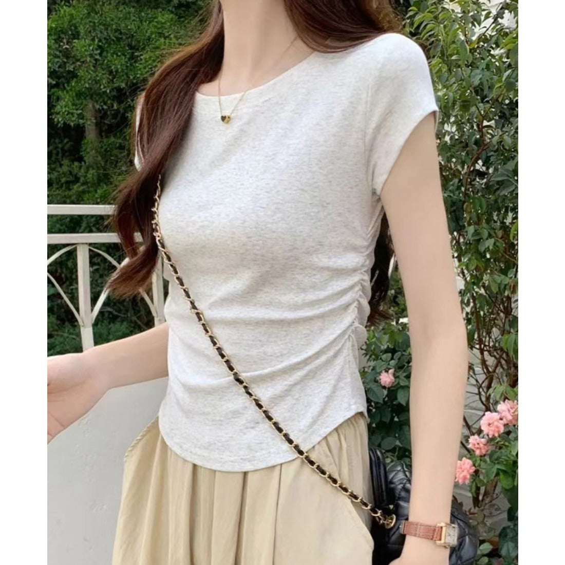 サイドギャザーtシャツ 半袖トップス夏服 ホワイト