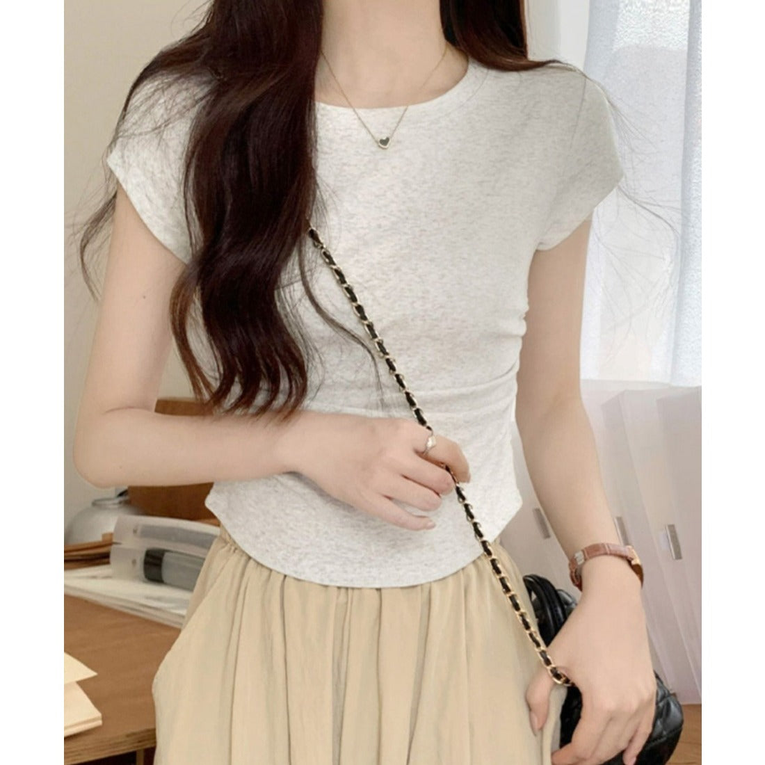 サイドギャザーtシャツ 半袖トップス夏服 ホワイト