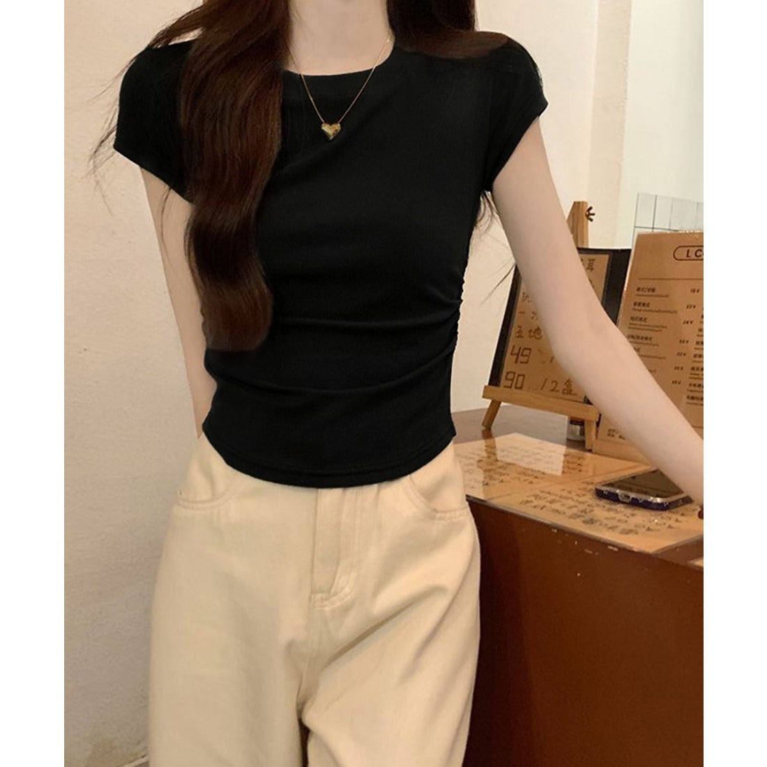 サイドギャザーtシャツ 半袖トップス夏服 ホワイト