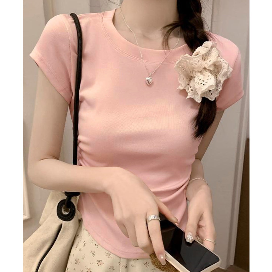 サイドギャザーtシャツ 半袖トップス夏服 ホワイト