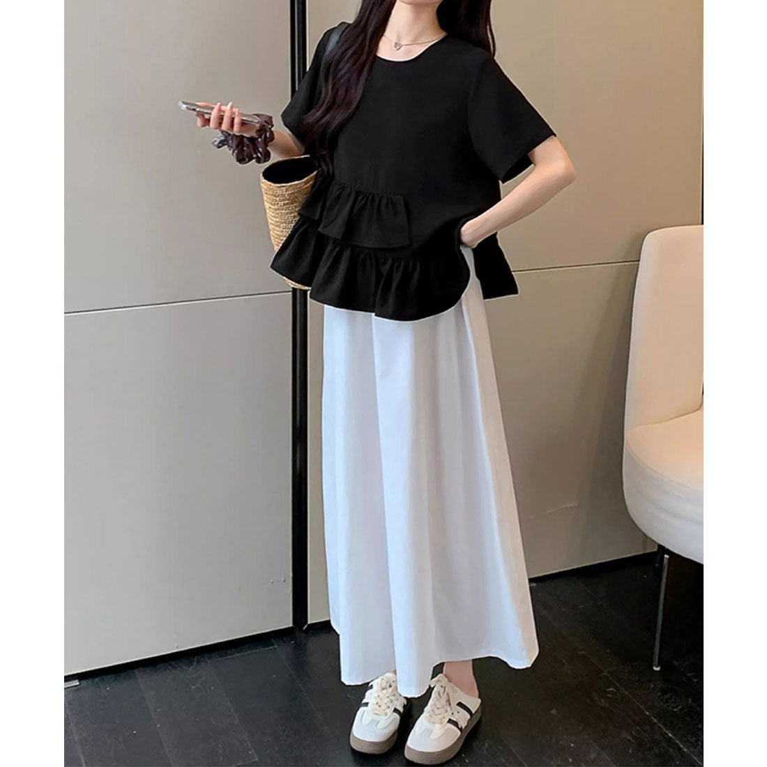 ミニミニストア miniministore アシンメトリーフリルtシャツ 異素材夏服 （ブラック） ブラック