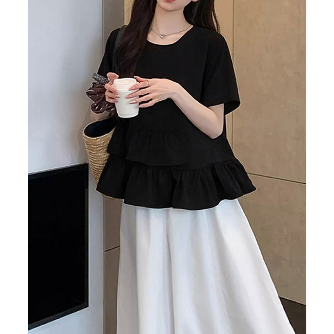 ミニミニストア miniministore アシンメトリーフリルtシャツ 異素材夏服 （ブラック） ブラック