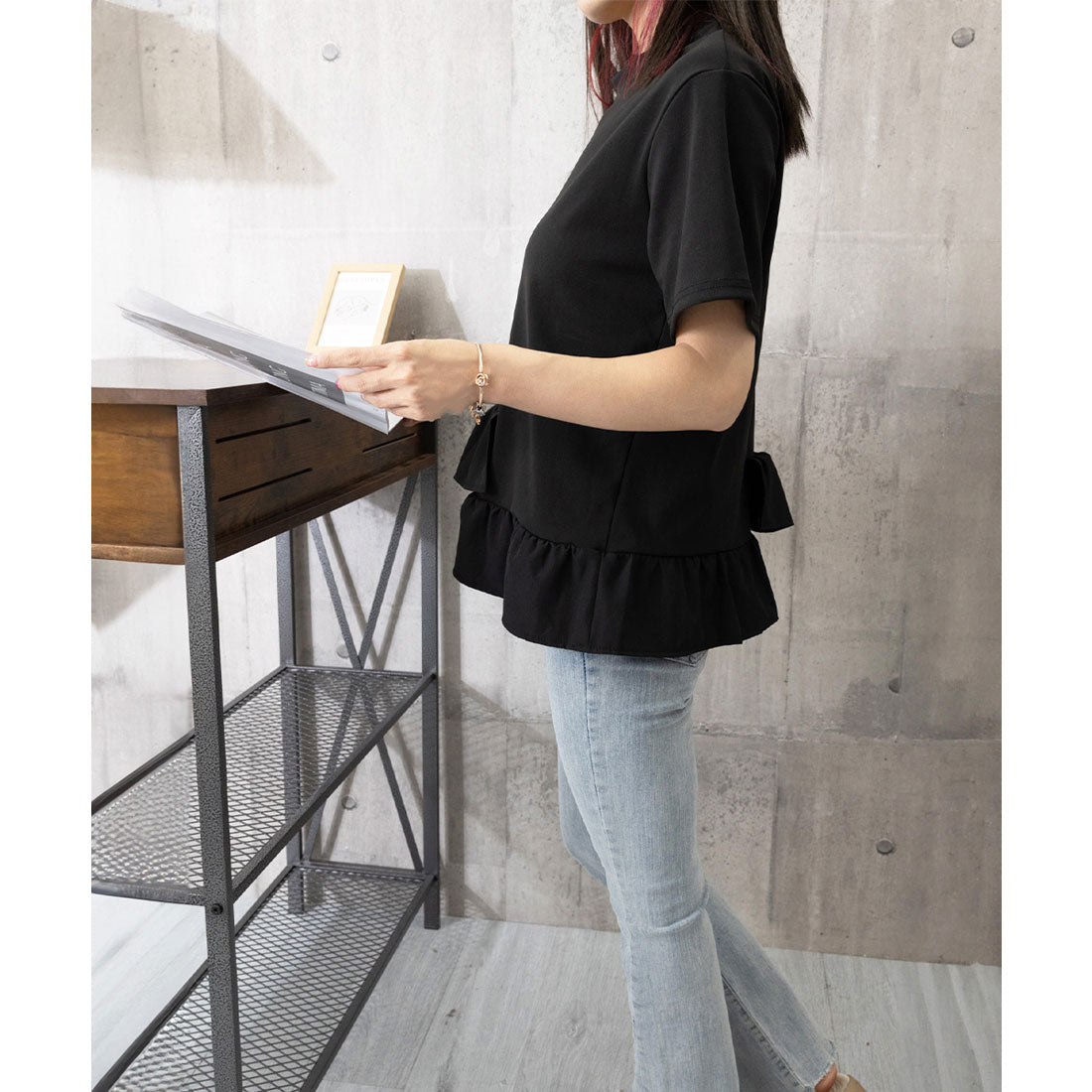 ミニミニストア miniministore アシンメトリーフリルtシャツ 異素材夏服 （ブラック） ブラック