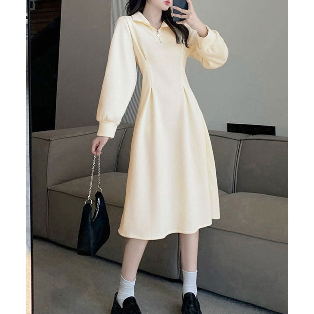 ミニミニストア miniministore ハーフジップワンピース長袖ウエストタック （アイボリー） アイボリー