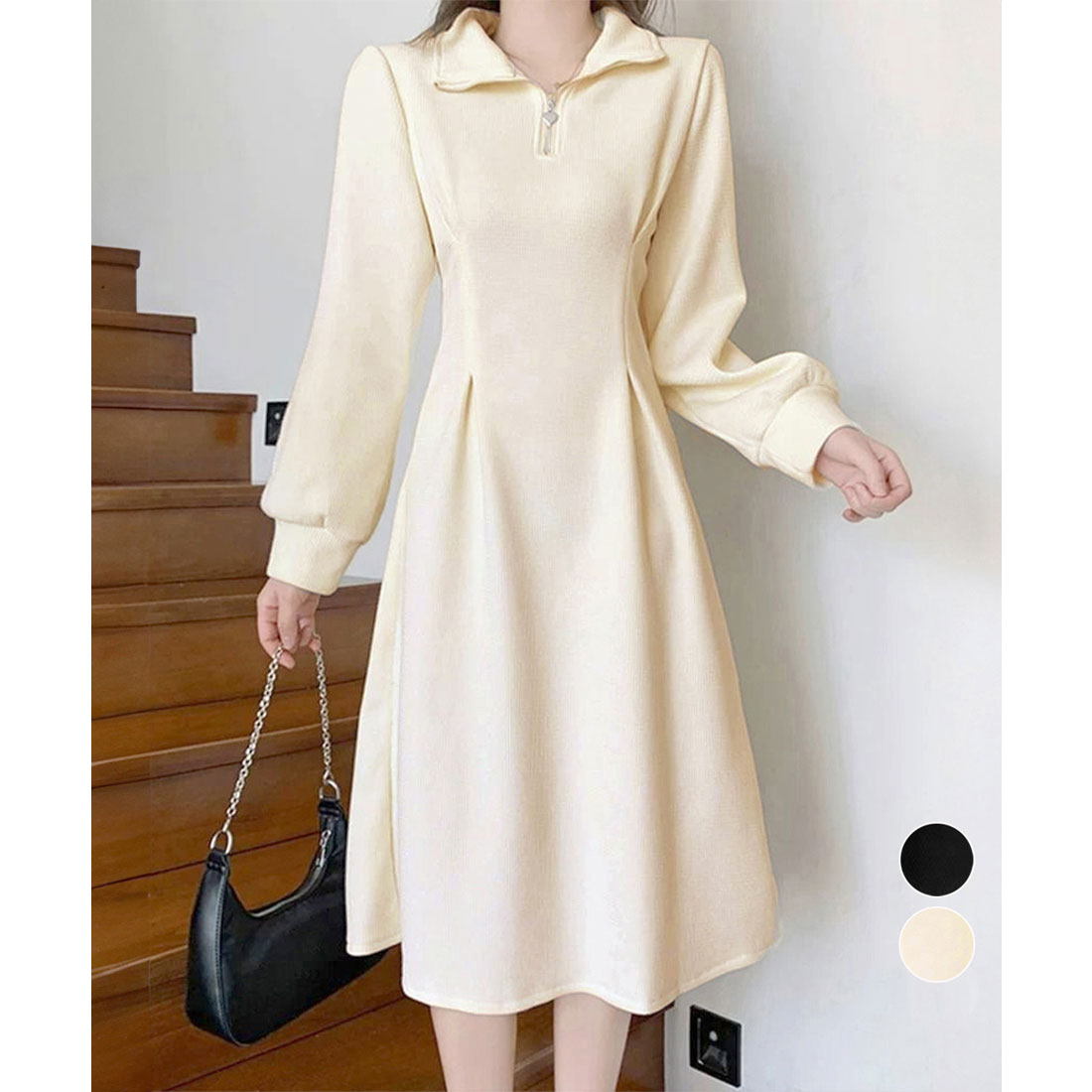ミニミニストア miniministore ハーフジップワンピース長袖ウエストタック （アイボリー） アイボリー