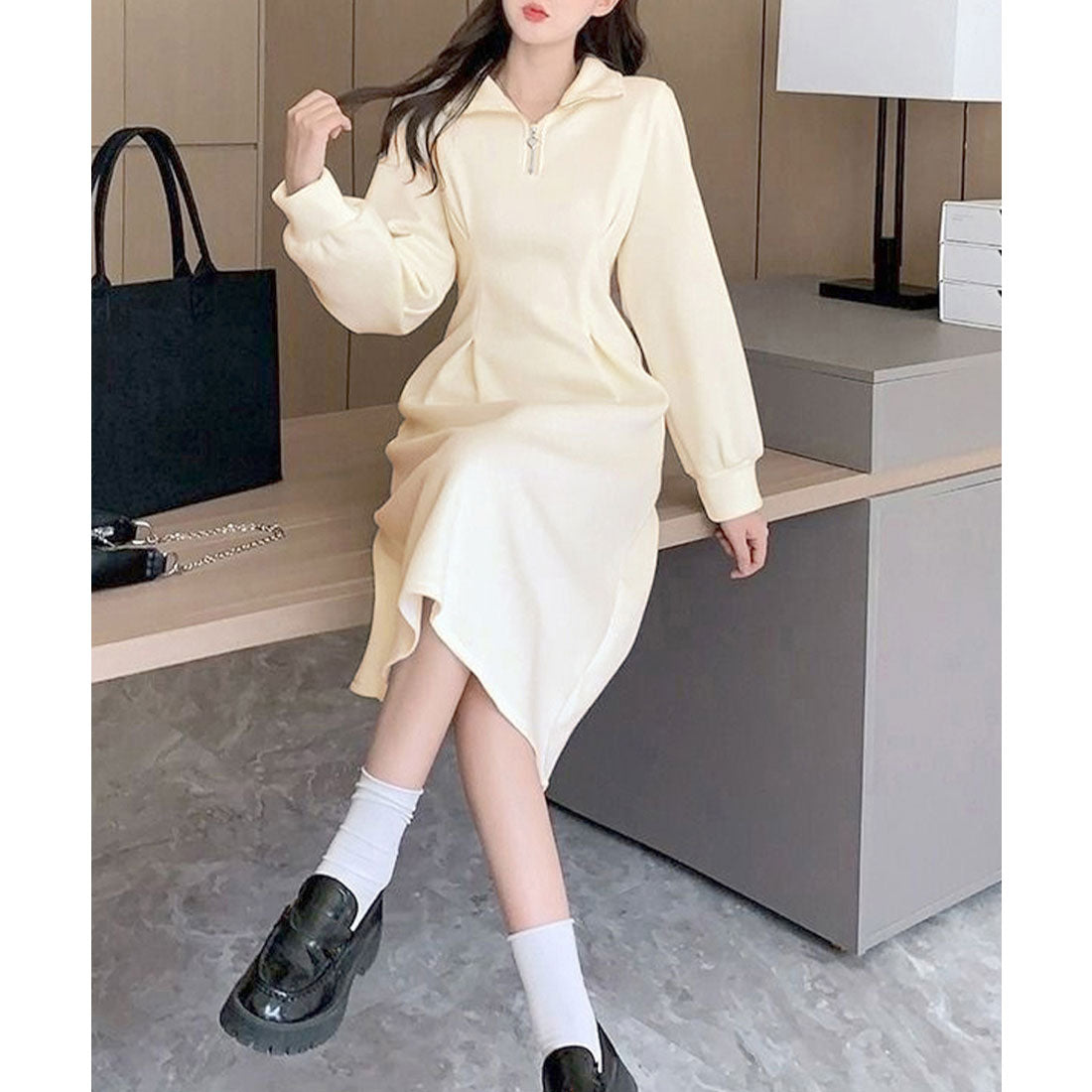 ミニミニストア miniministore ハーフジップワンピース長袖ウエストタック （アイボリー） アイボリー