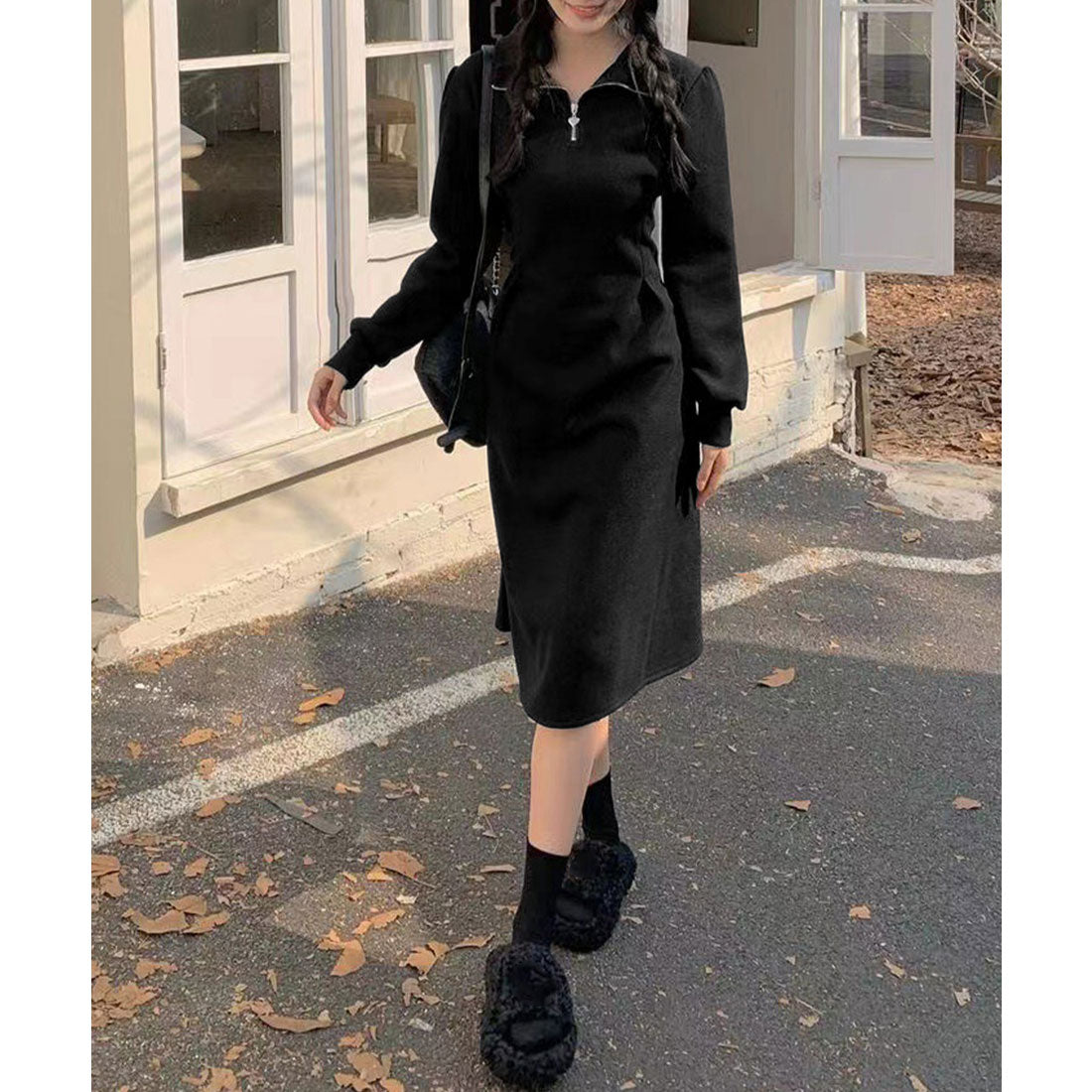 ミニミニストア miniministore ハーフジップワンピース長袖ウエストタック （アイボリー） アイボリー