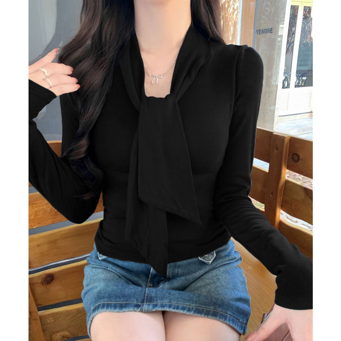 リボンタイ付きトップス ボウタイtシャツ ホワイト