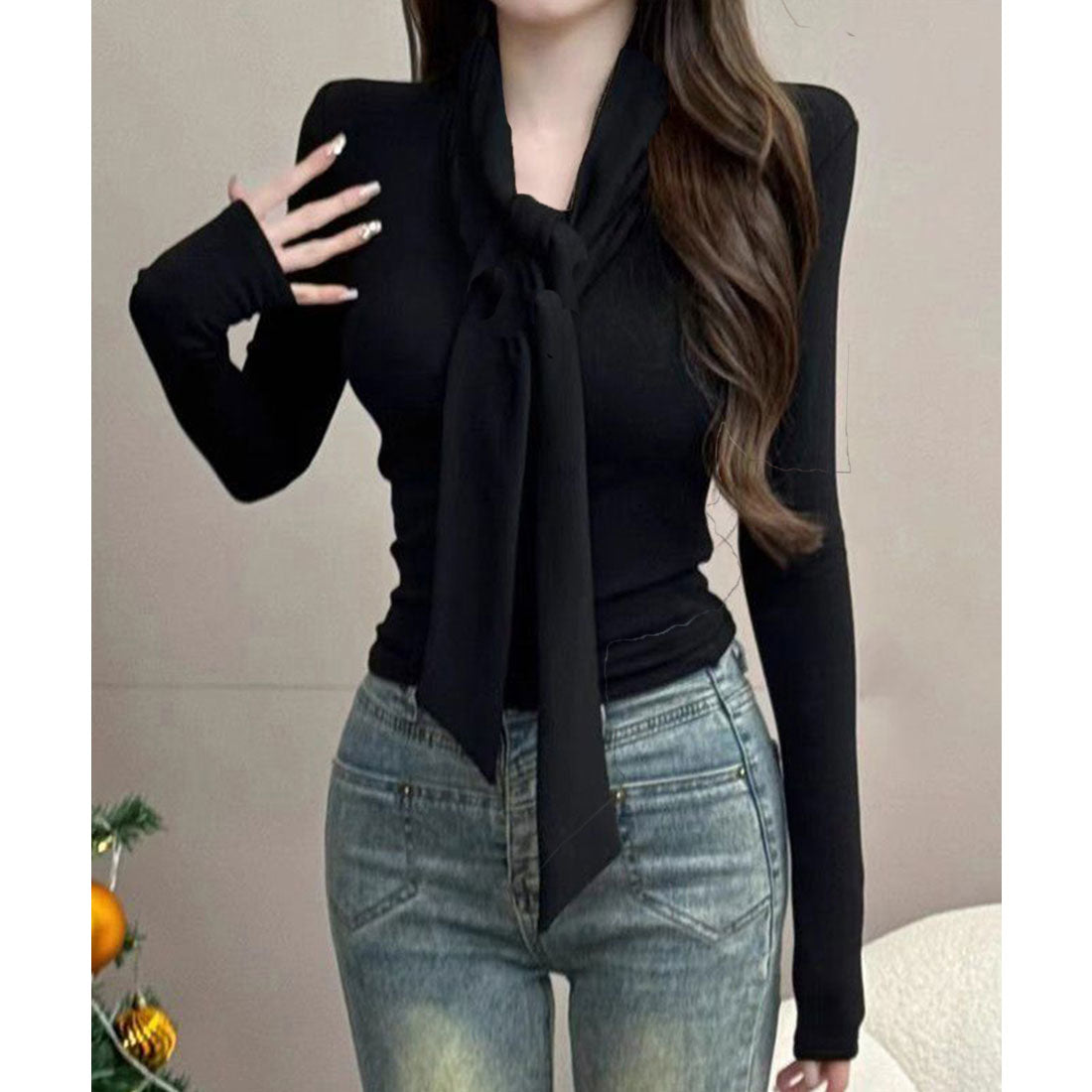 リボンタイ付きトップス ボウタイtシャツ ホワイト
