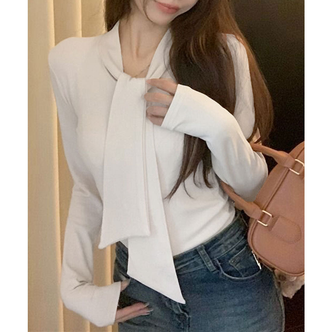 リボンタイ付きトップス ボウタイtシャツ ホワイト