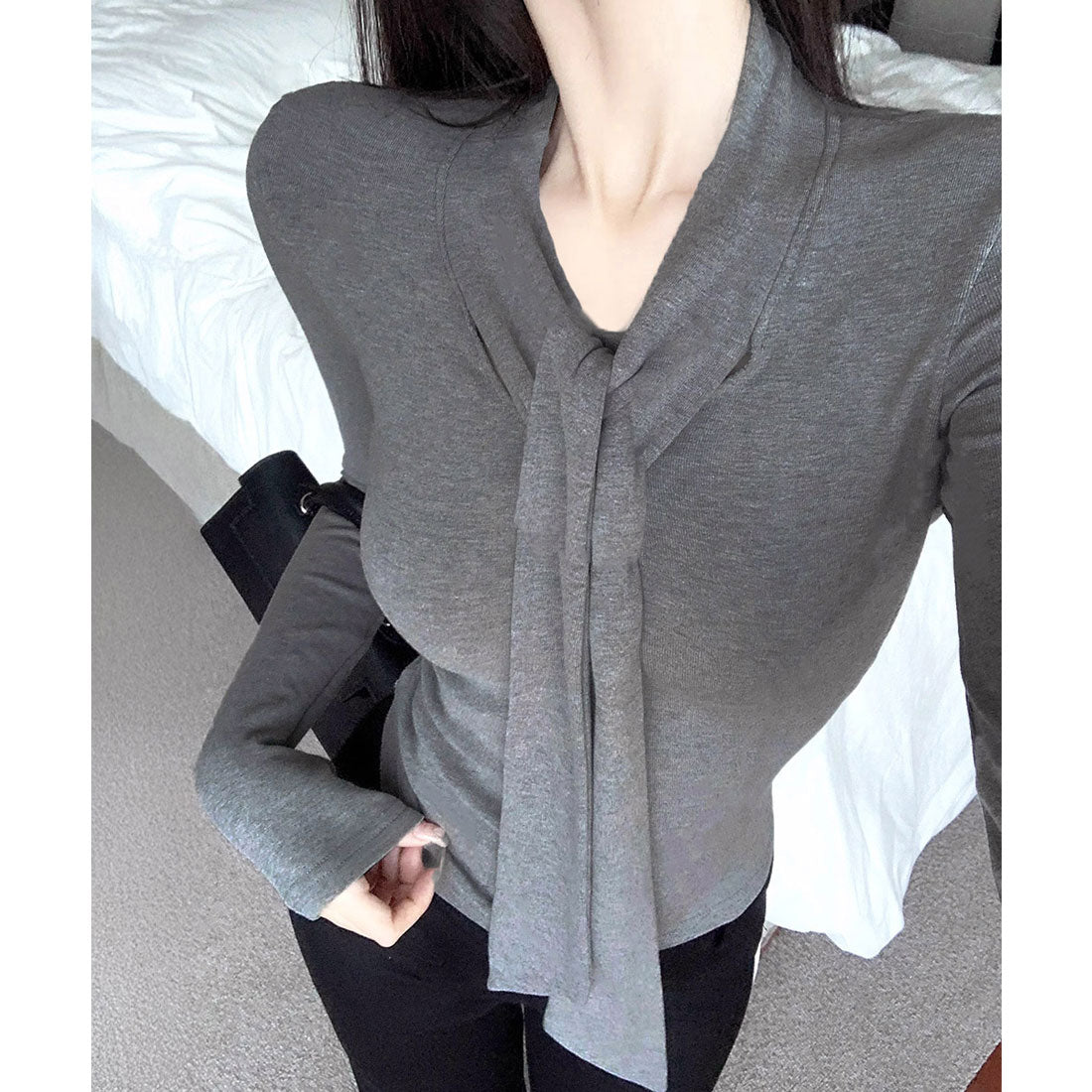 リボンタイ付きトップス ボウタイtシャツ ホワイト