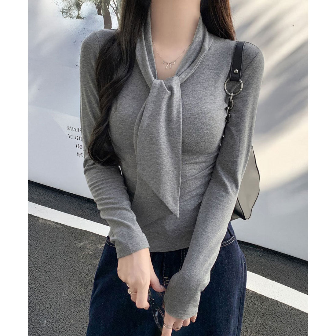 リボンタイ付きトップス ボウタイtシャツ グレー
