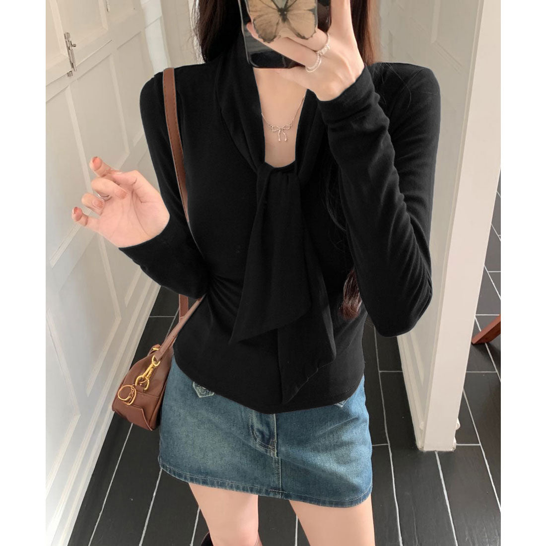 リボンタイ付きトップス ボウタイtシャツ ブラック