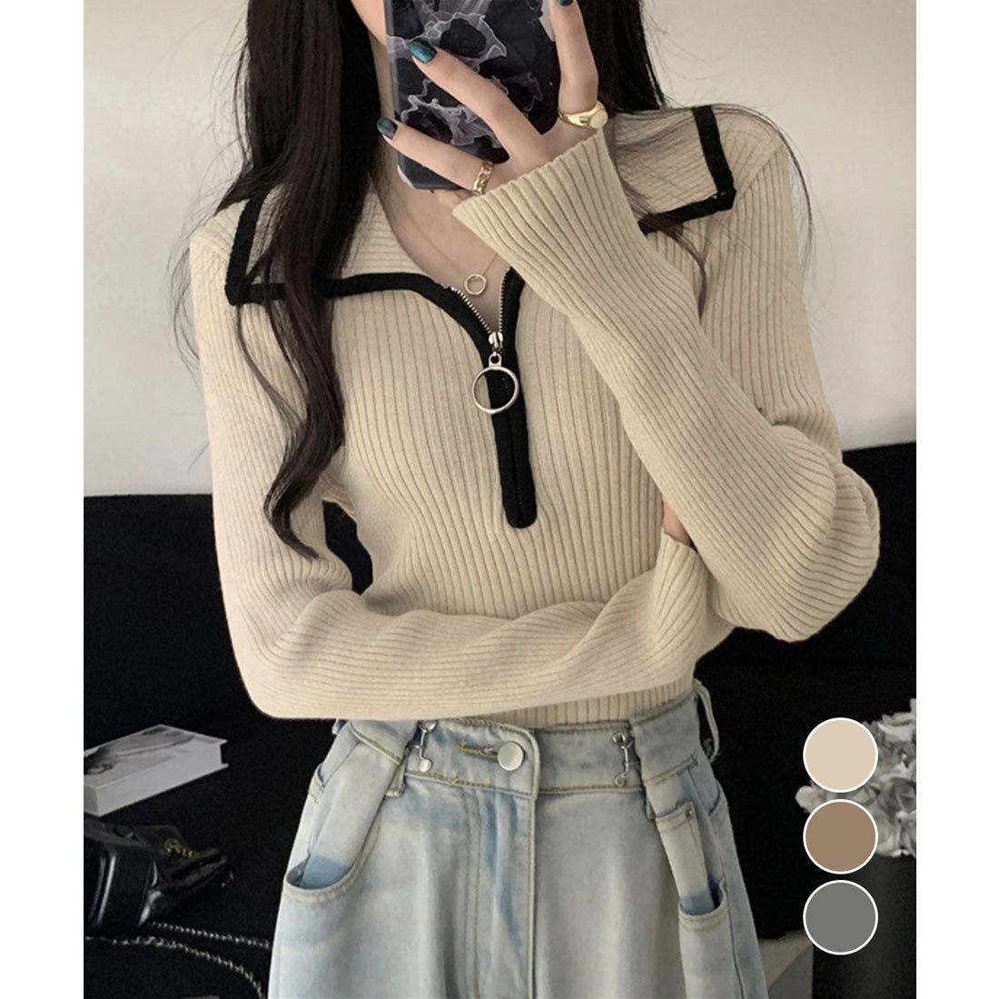 トップス minimini miniministore Knit Top with Zipper Solid Color