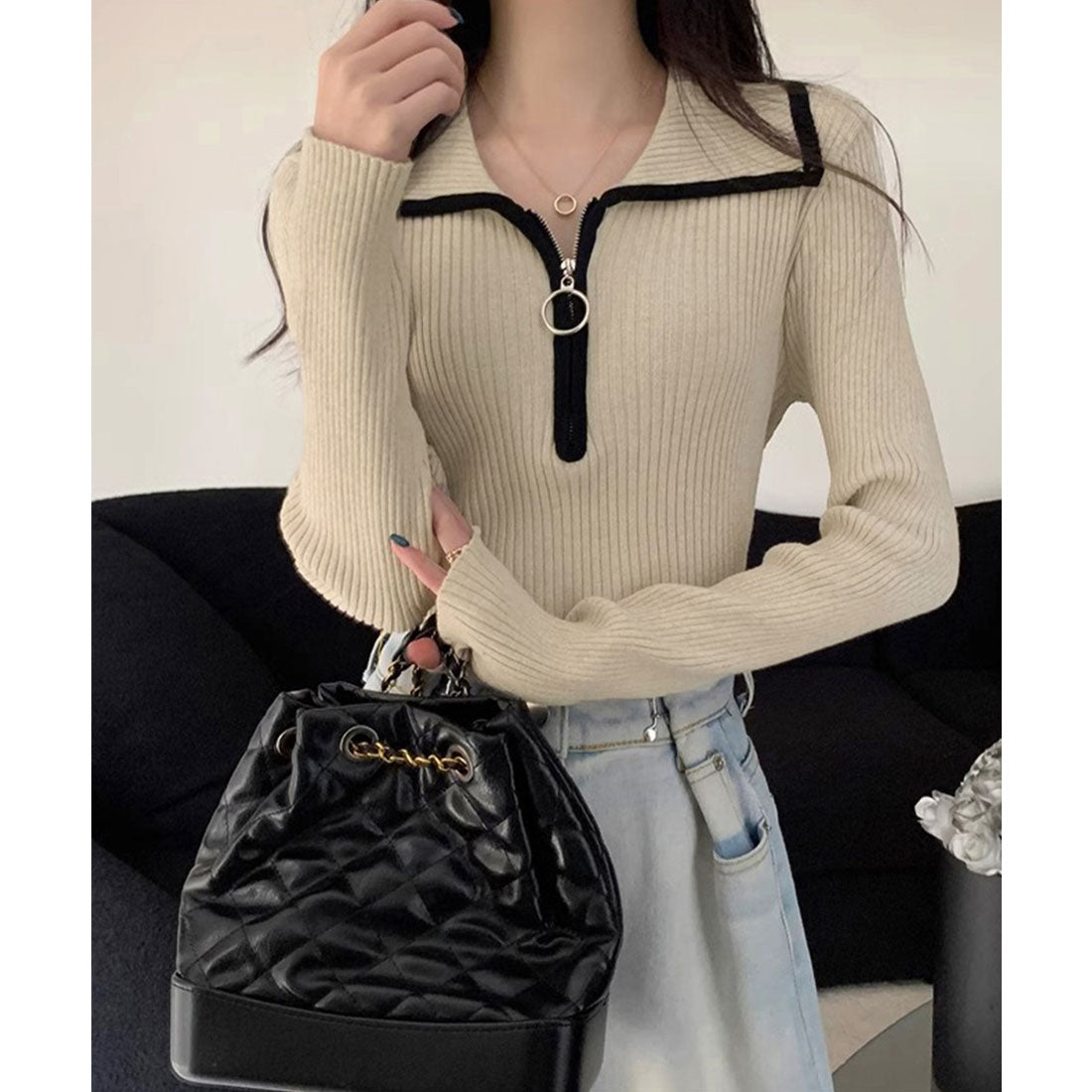 miniministore Knit Top with Zipper Solid Color