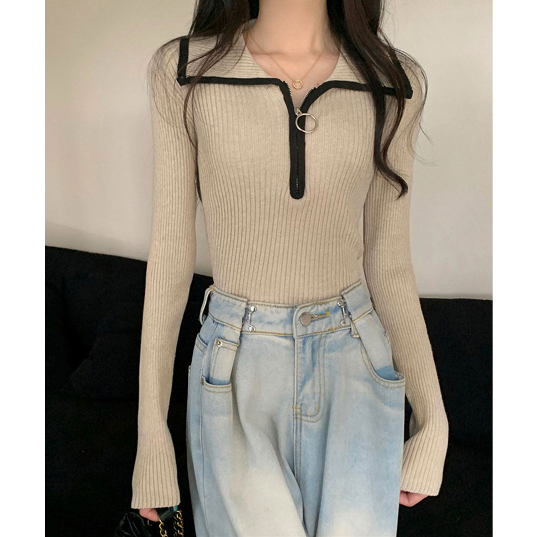 miniministore Knit Top with Zipper Solid Color