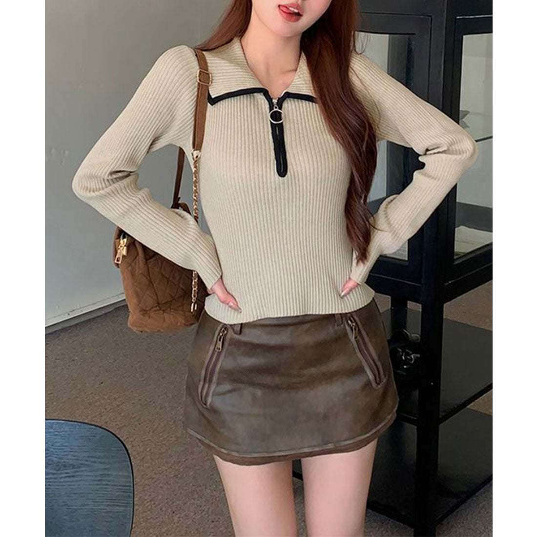 miniministore Knit Top with Zipper Solid Color