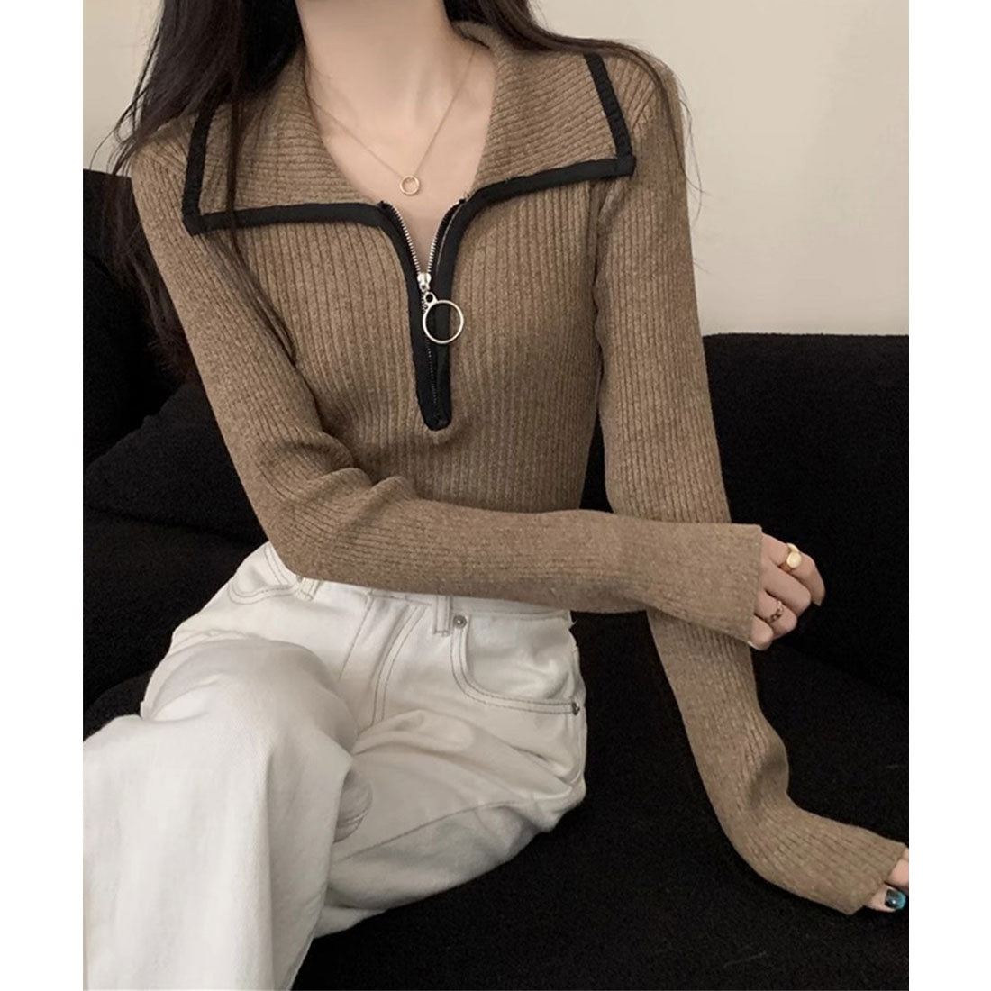 miniministore Knit Top with Zipper Solid Color